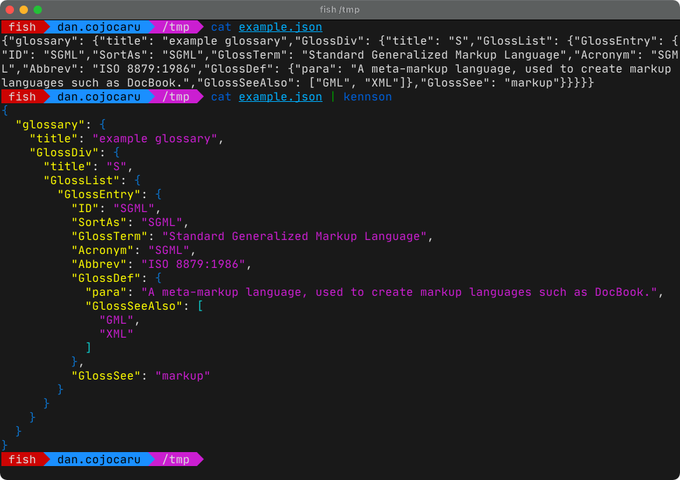 Screenshot showing kennson pretty printing a JSON file